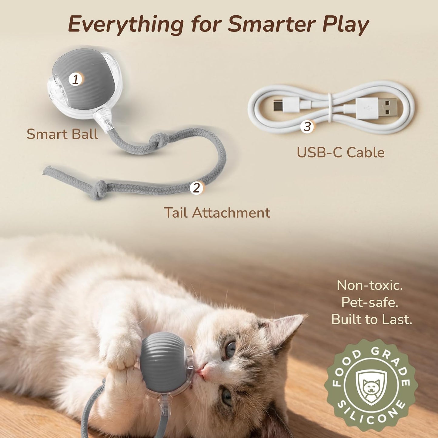 Smart Ball 2.0 - Automatic Cat Toy & Interactive Dog Toys for Small Dogs - Moving Cat Toy Ball for Indoor Cats - Motion Activated, Light Up, USB-C Rechargeable Pet Toy, 2 Speed Modes [Gray]